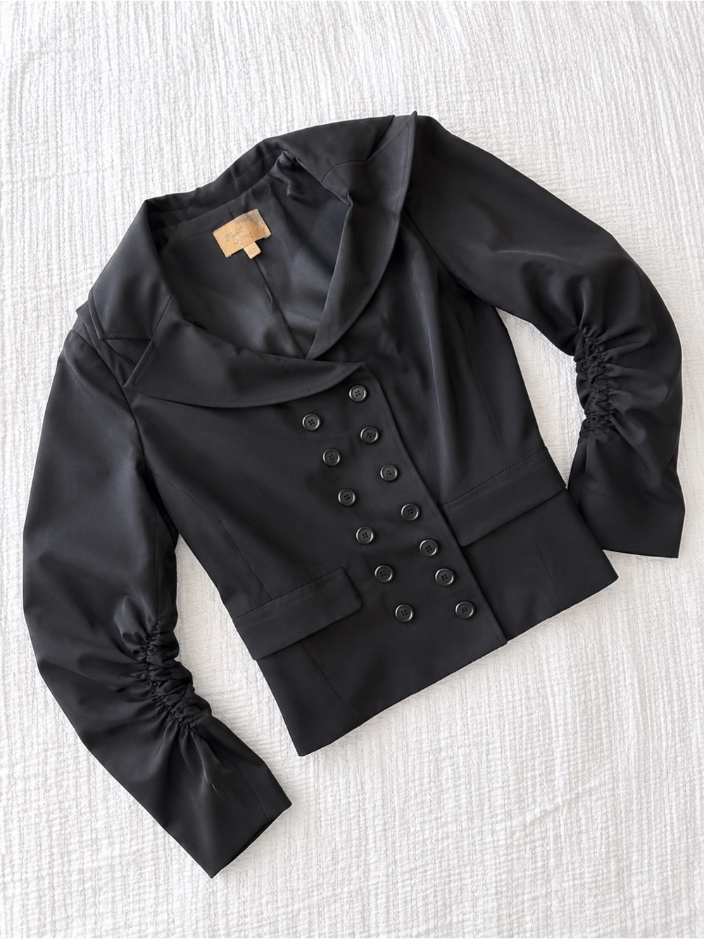 Elizabeth and James Black Double-Breasted Ruched Sleeve Blazer Jacket Size 8 - Picture 3 of 8